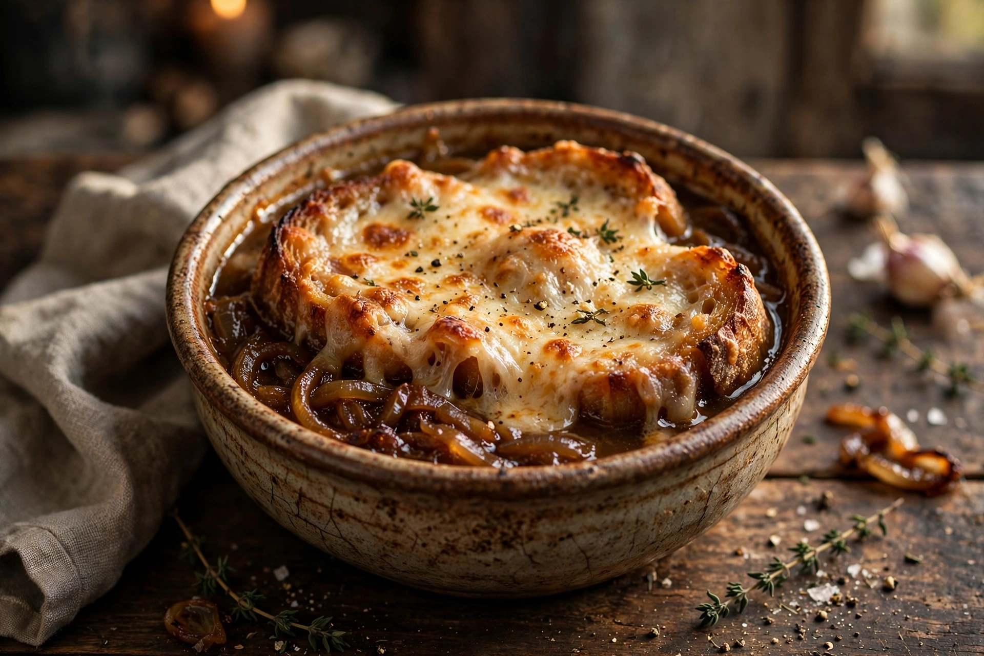 Bol rustique de la recette de soupe à l'oignon à l'ancienne