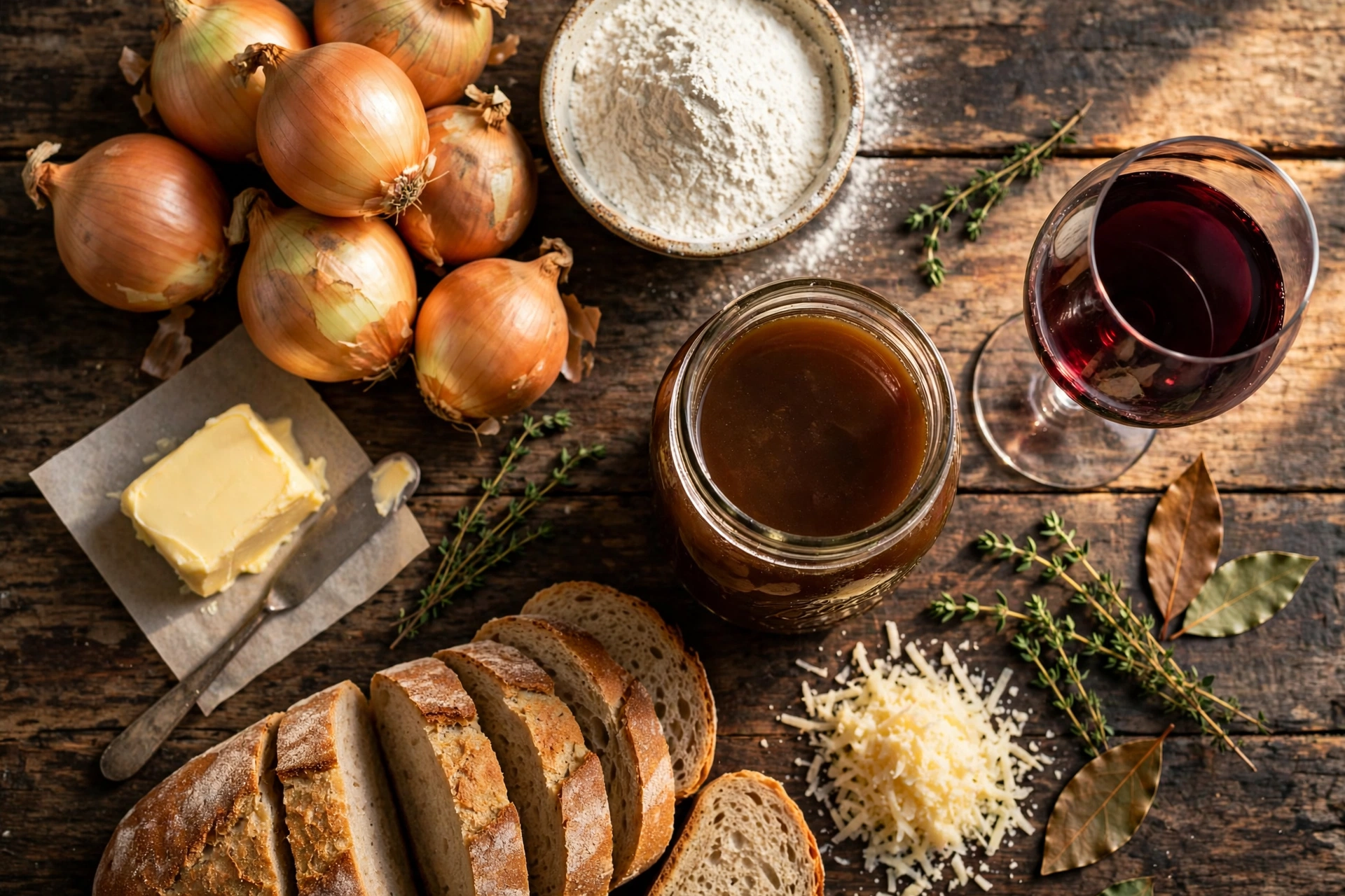 Ingrédients de la recette de soupe à l'oignon à l'ancienne rustique