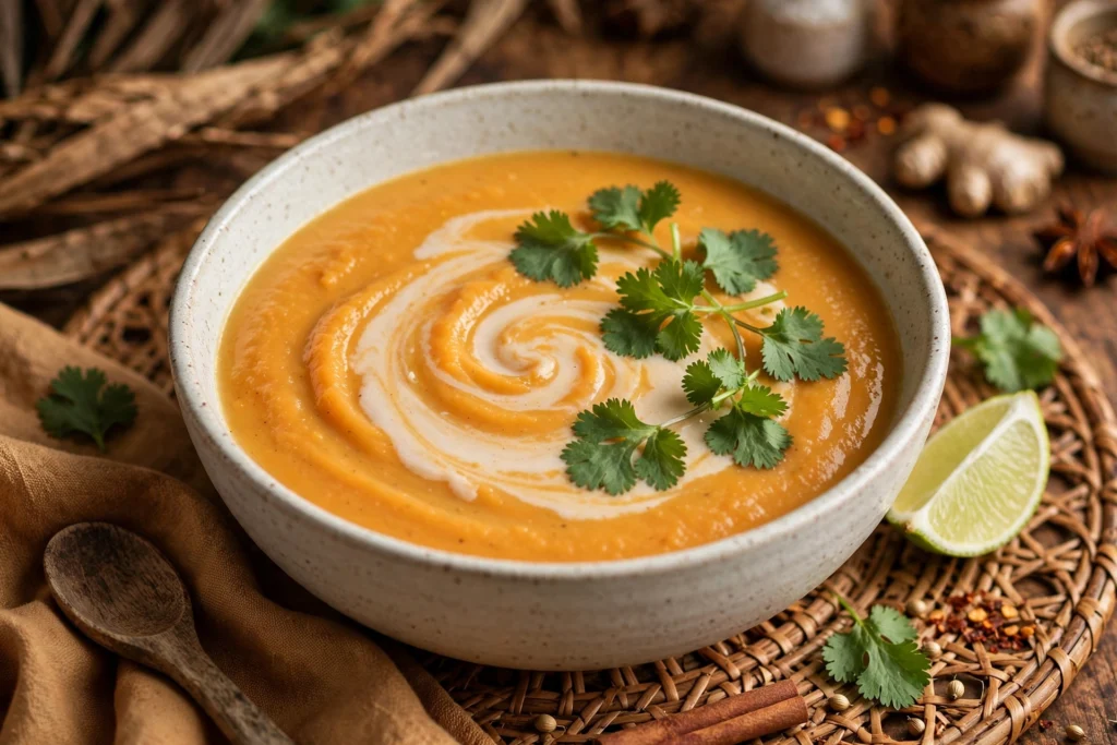 Velouté de la recette soupe patate douce au lait de coco servi en bol