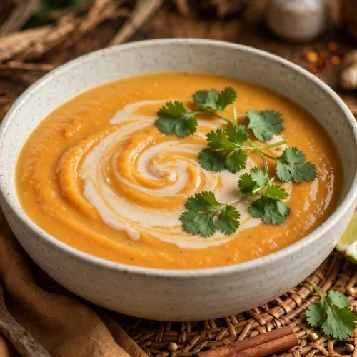 Velouté de la recette soupe patate douce au lait de coco servi en bol