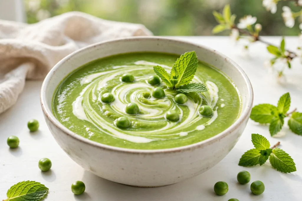 Velouté vert de recette de soupe petit pois à la menthe