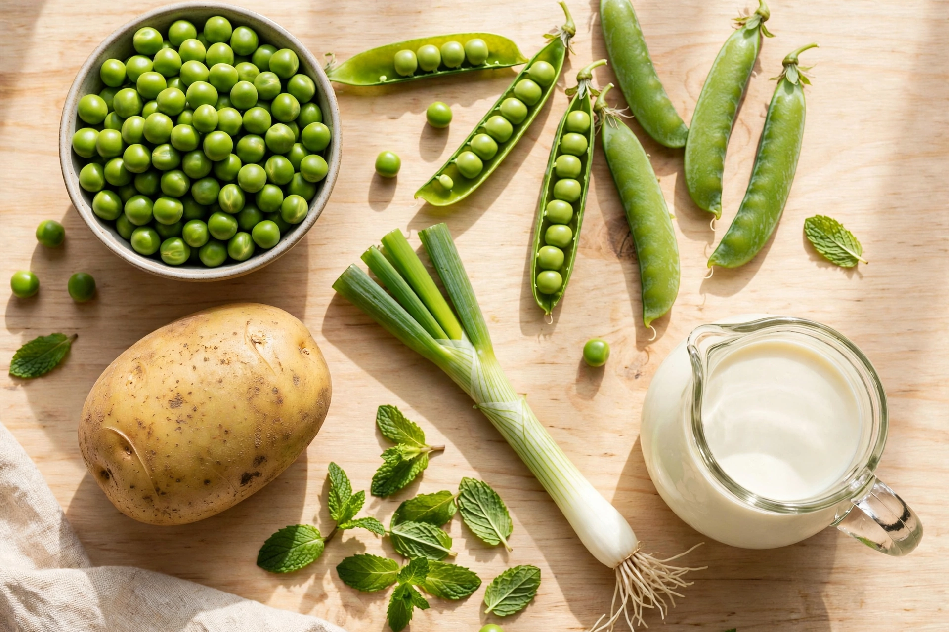 Ingrédients de la recette de soupe petit pois printanière