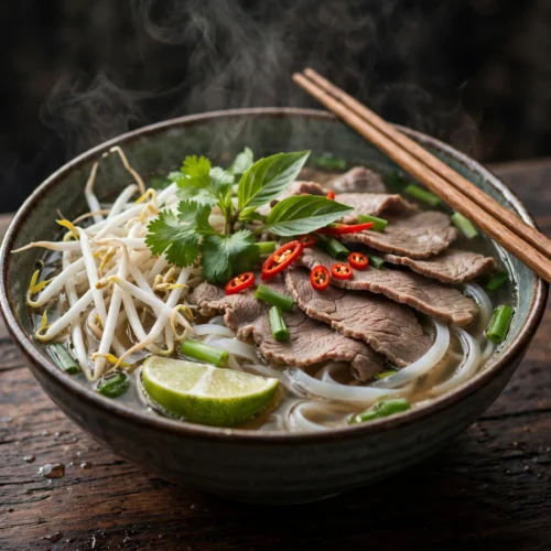 Bol de recette de soupe pho au bœuf aux herbes fraîches