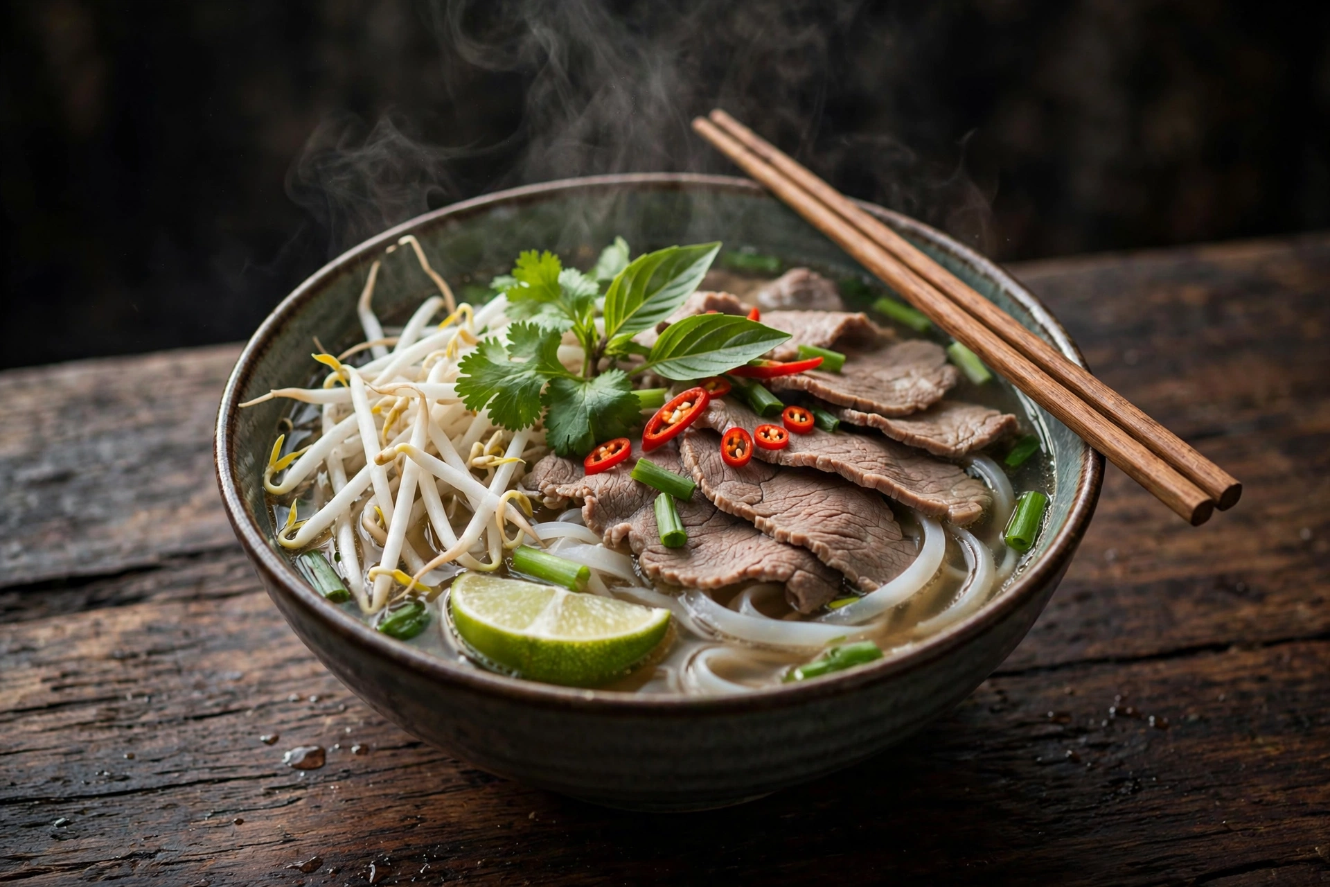 Bol de recette de soupe pho au bœuf aux herbes fraîches