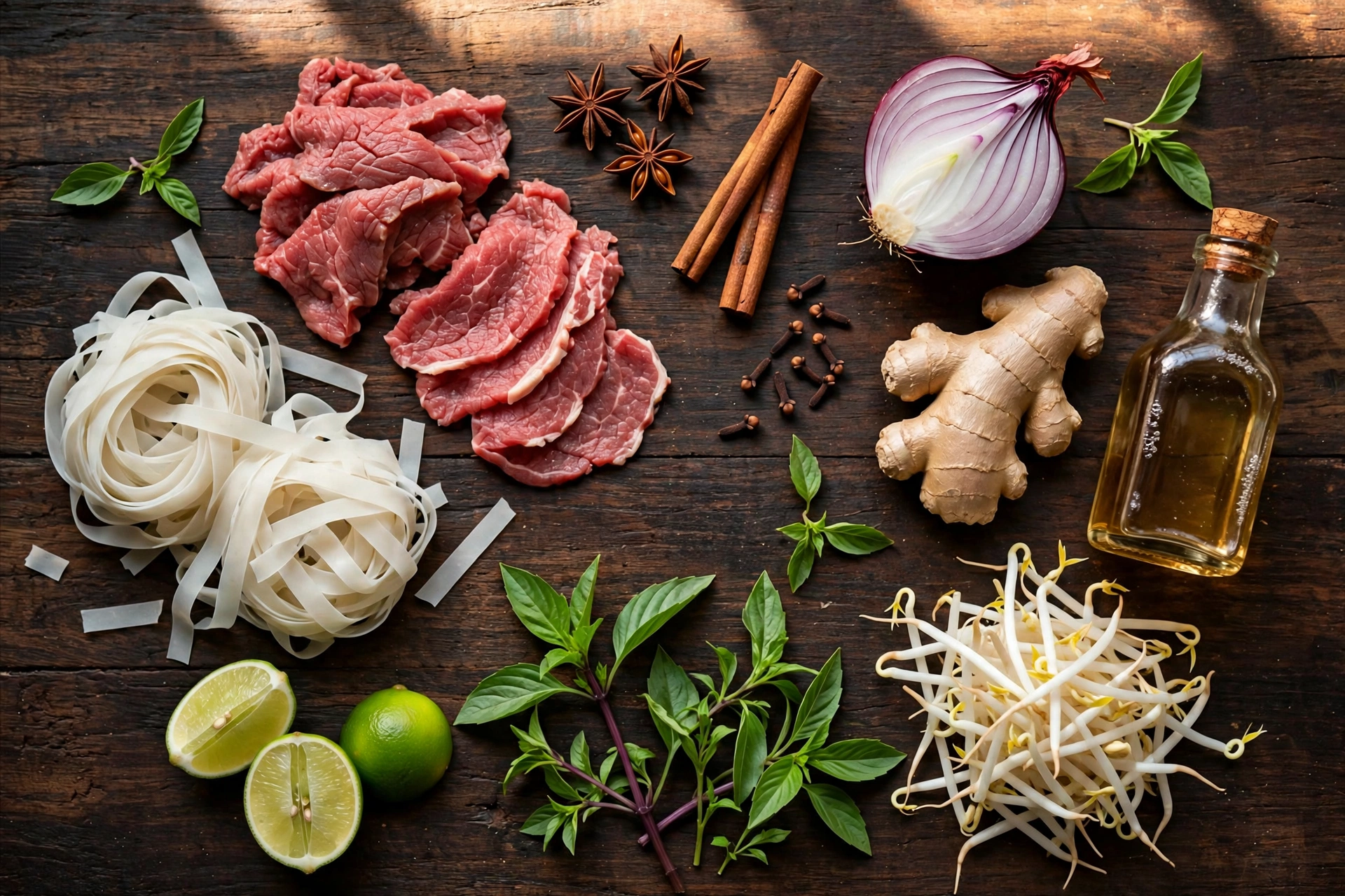 Ingrédients de la recette de soupe pho au bœuf vietnamienne