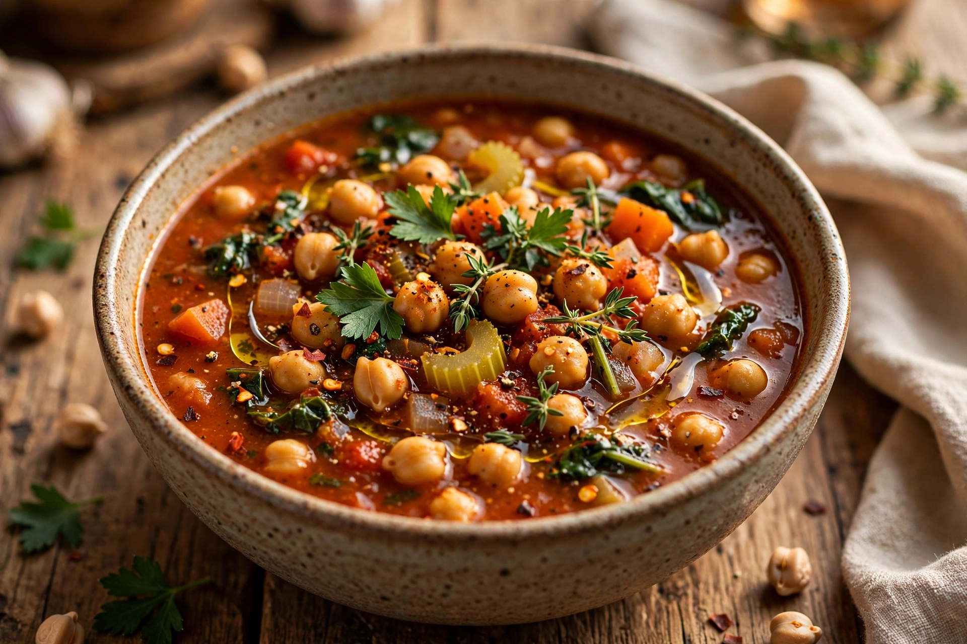 Soupe de pois chiches épicée servie en bol