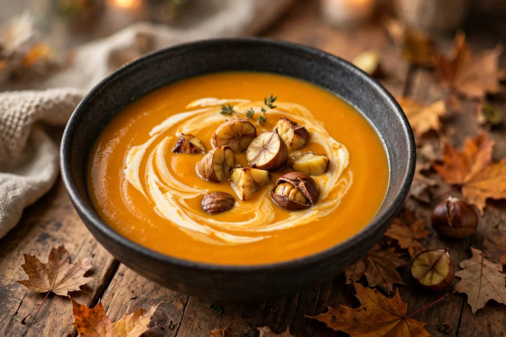 Velouté de la recette de soupe potimarron châtaigne servi en bol