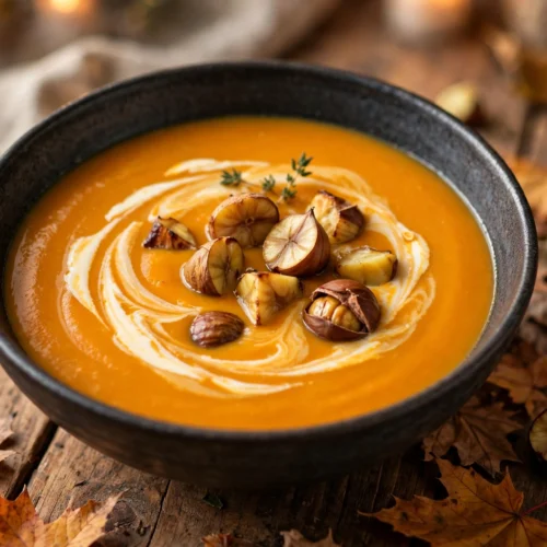 Velouté de la recette de soupe potimarron châtaigne servi en bol