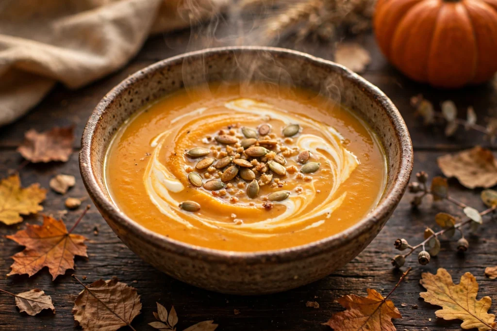 Velouté de la recette de soupe potimarron servi en bol