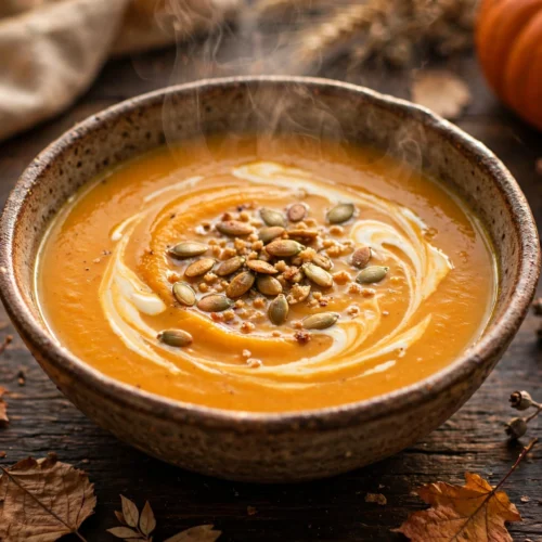 Velouté de la recette de soupe potimarron servi en bol