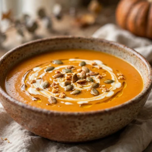 Recette soupe potimarron thermomix : velouté crémeux aux graines torréfiées