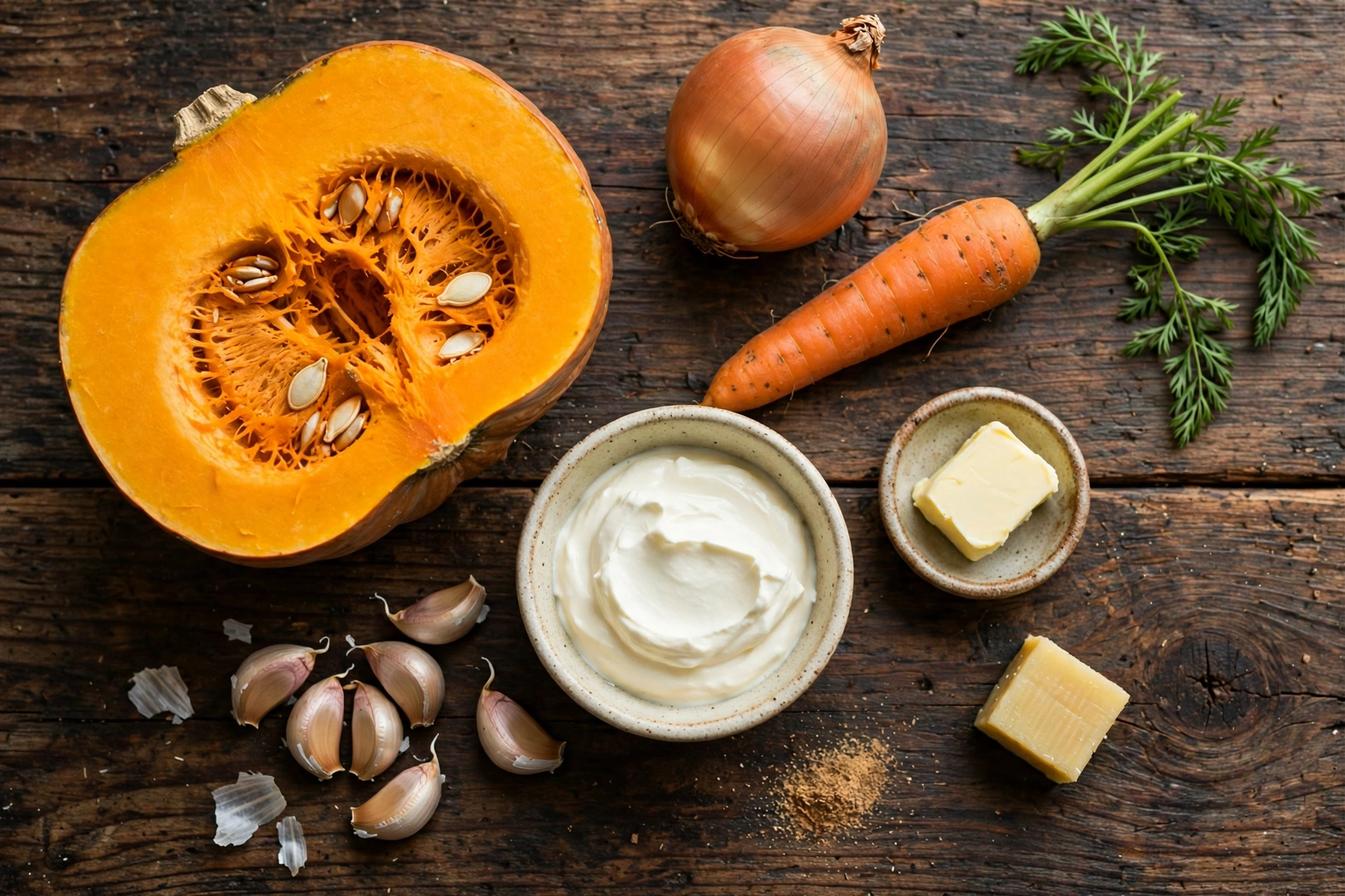 Ingrédients de la recette soupe potimarron thermomix : potimarron, oignon, crème et bouillon