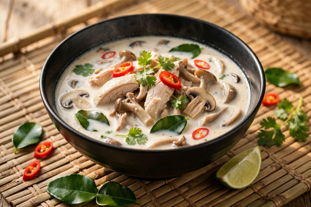 Recette de soupe thaïlandaise traditionnelle tom kha kai crémeuse servie en bol
