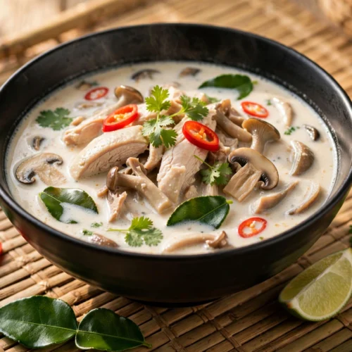 Recette de soupe thaïlandaise traditionnelle tom kha kai crémeuse servie en bol