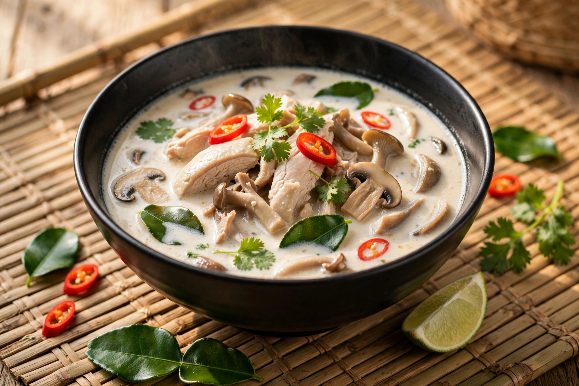 Recette de soupe thaïlandaise traditionnelle tom kha kai crémeuse servie en bol