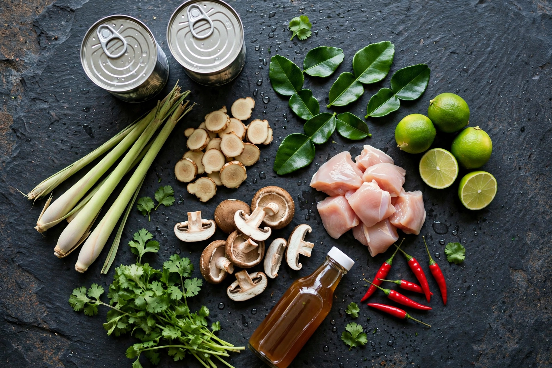 Ingrédients de la recette de soupe thaïlandaise traditionnelle tom kha kai