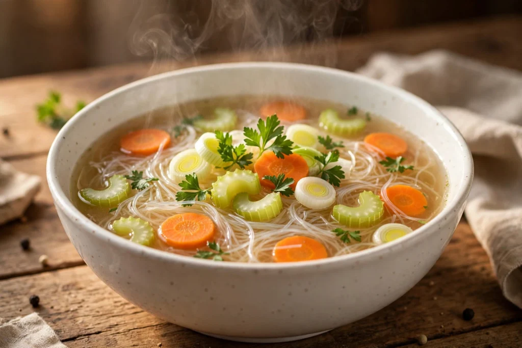 Bol fumant de la recette de soupe vermicelle aux légumes