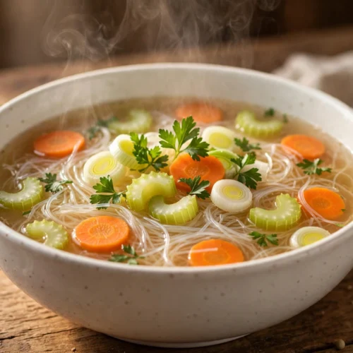 Bol fumant de la recette de soupe vermicelle aux légumes