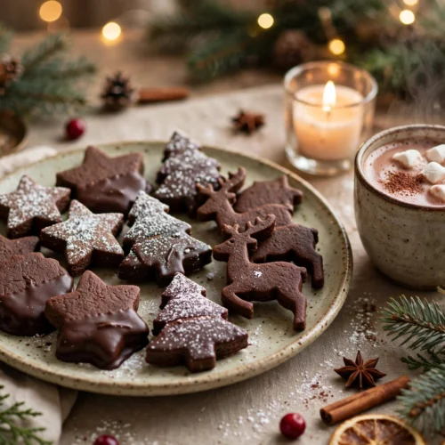 Assiette de sablés de noël au chocolat décorés sur une table de fête