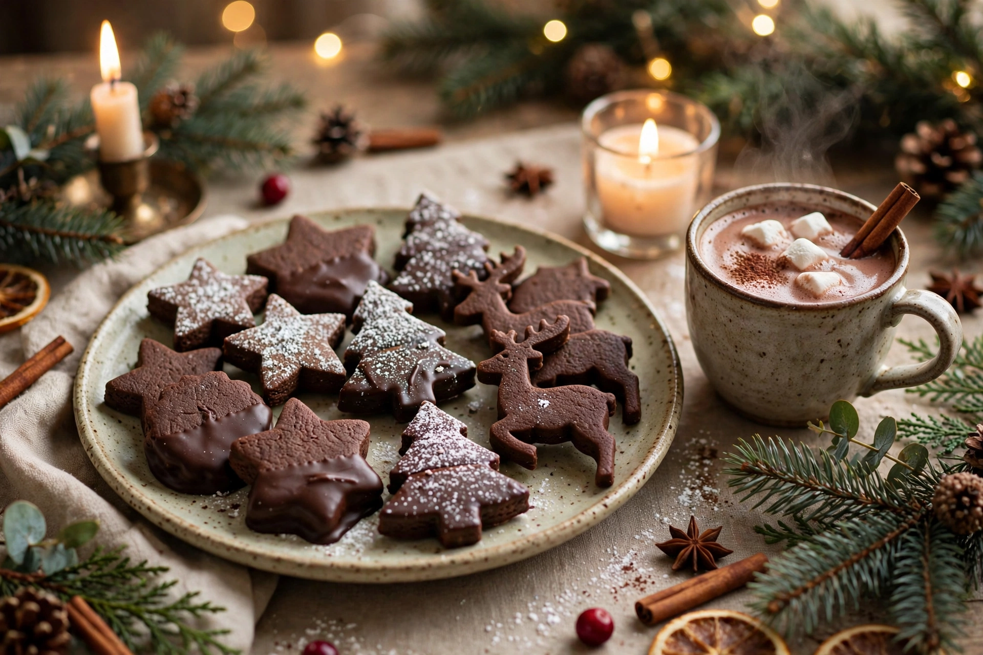 Assiette de sablés de noël au chocolat décorés sur une table de fête