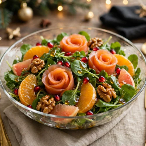 Salade de noël festive au saumon fumé dressée sur une table de fête