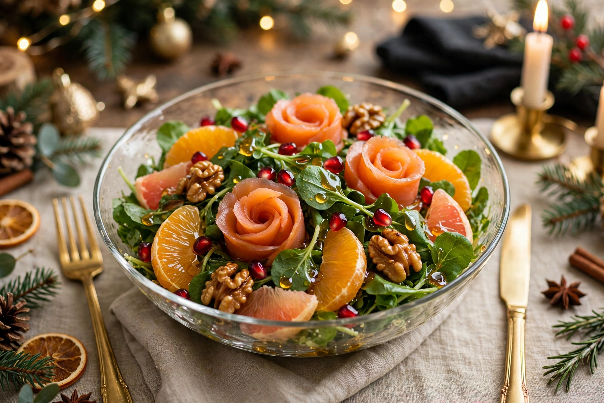 Salade de noël festive au saumon fumé dressée sur une table de fête