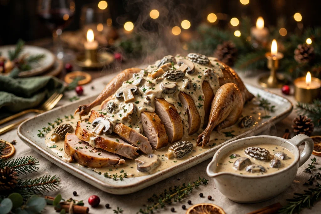 Sauce pour pintade de noël : pintade rôtie découpée nappée de sauce crème aux morilles
