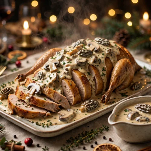 Sauce pour pintade de noël : pintade rôtie découpée nappée de sauce crème aux morilles