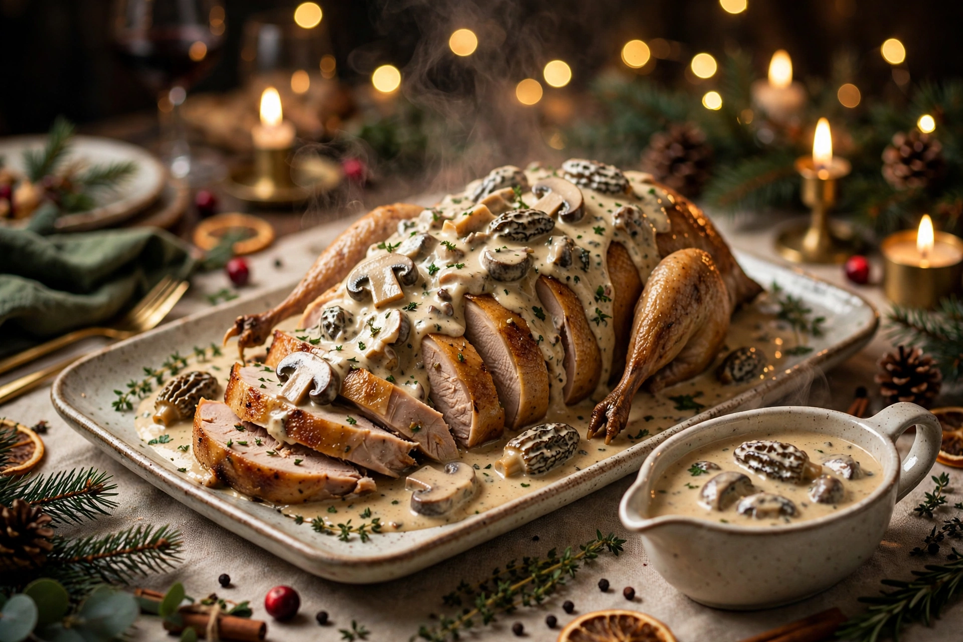Sauce pour pintade de noël : pintade rôtie découpée nappée de sauce crème aux morilles
