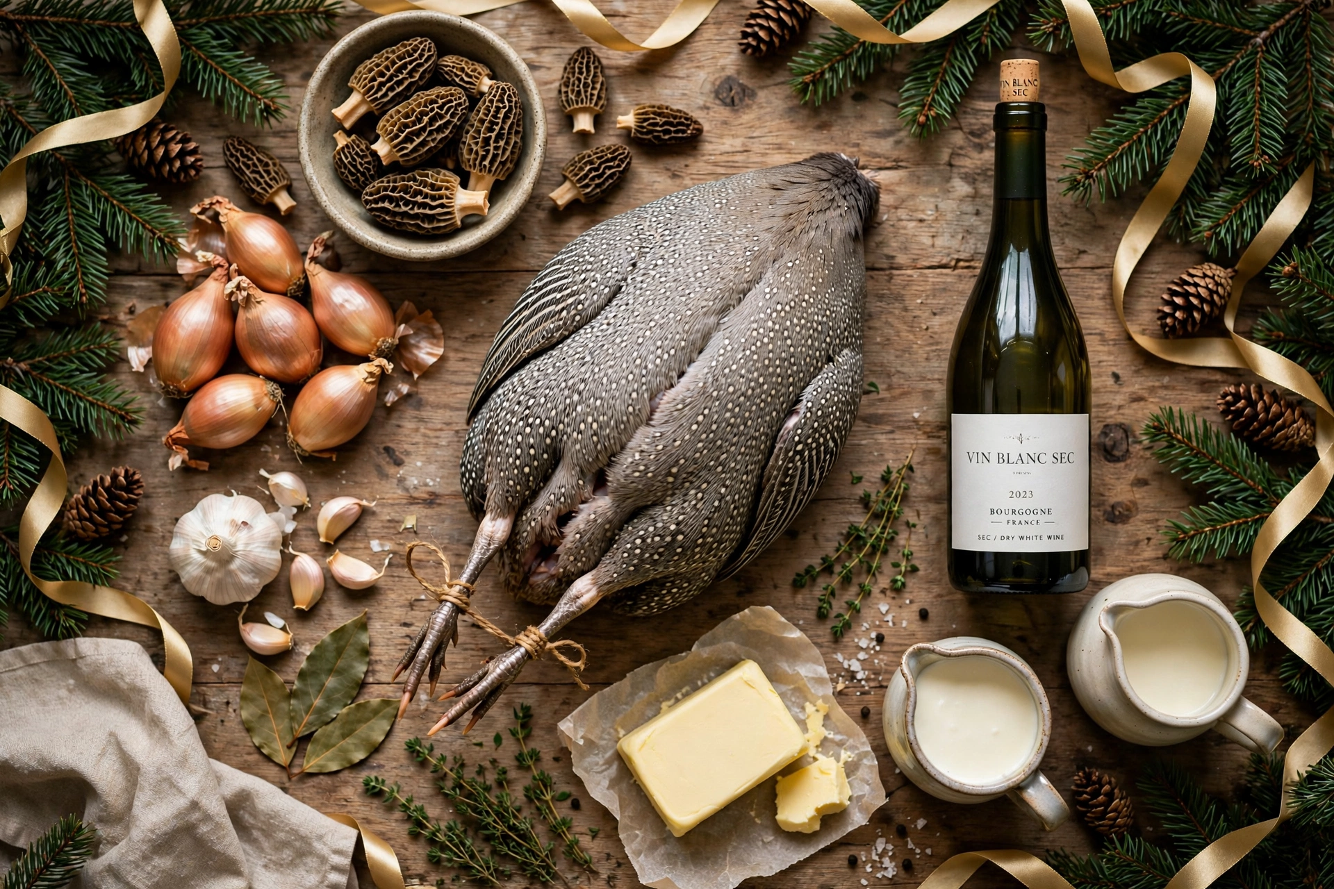 Ingrédients de la sauce pour pintade de noël : pintade fermière, morilles séchées, crème et vin blanc