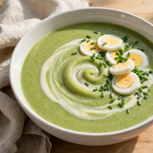 Soupe à l'oseille crémeuse servie en bol blanc