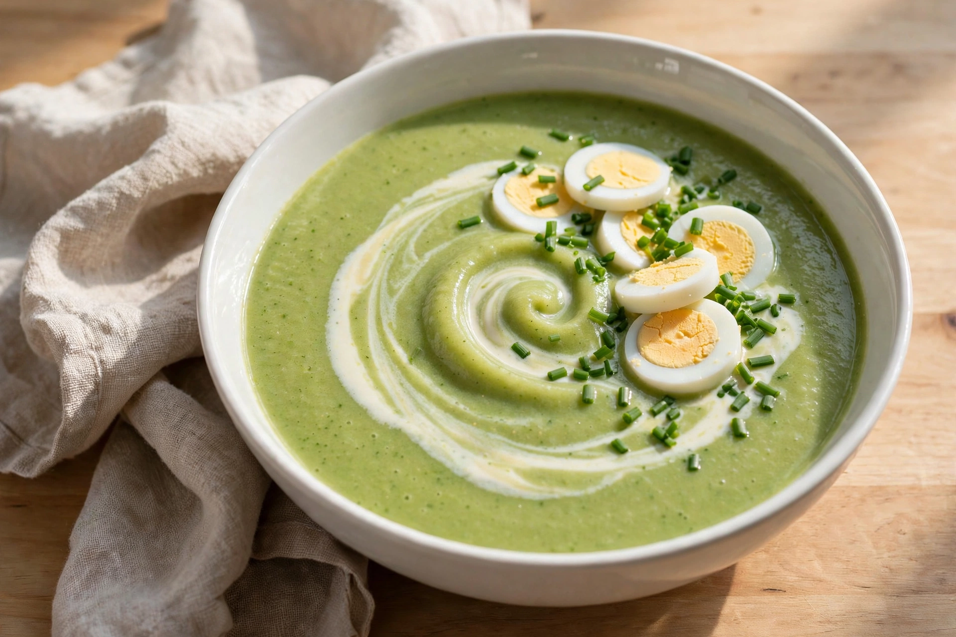 Soupe à l'oseille crémeuse servie en bol blanc