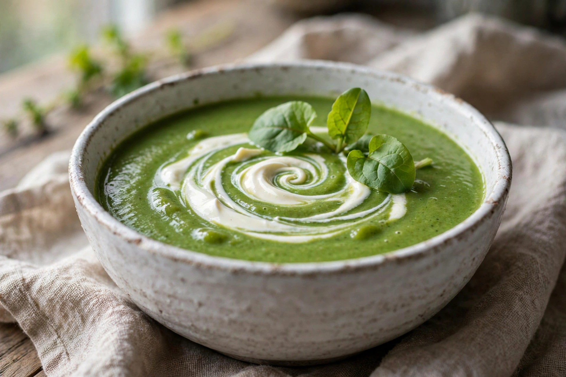Soupe à l'oseille recette servie en bol, verte et crémeuse