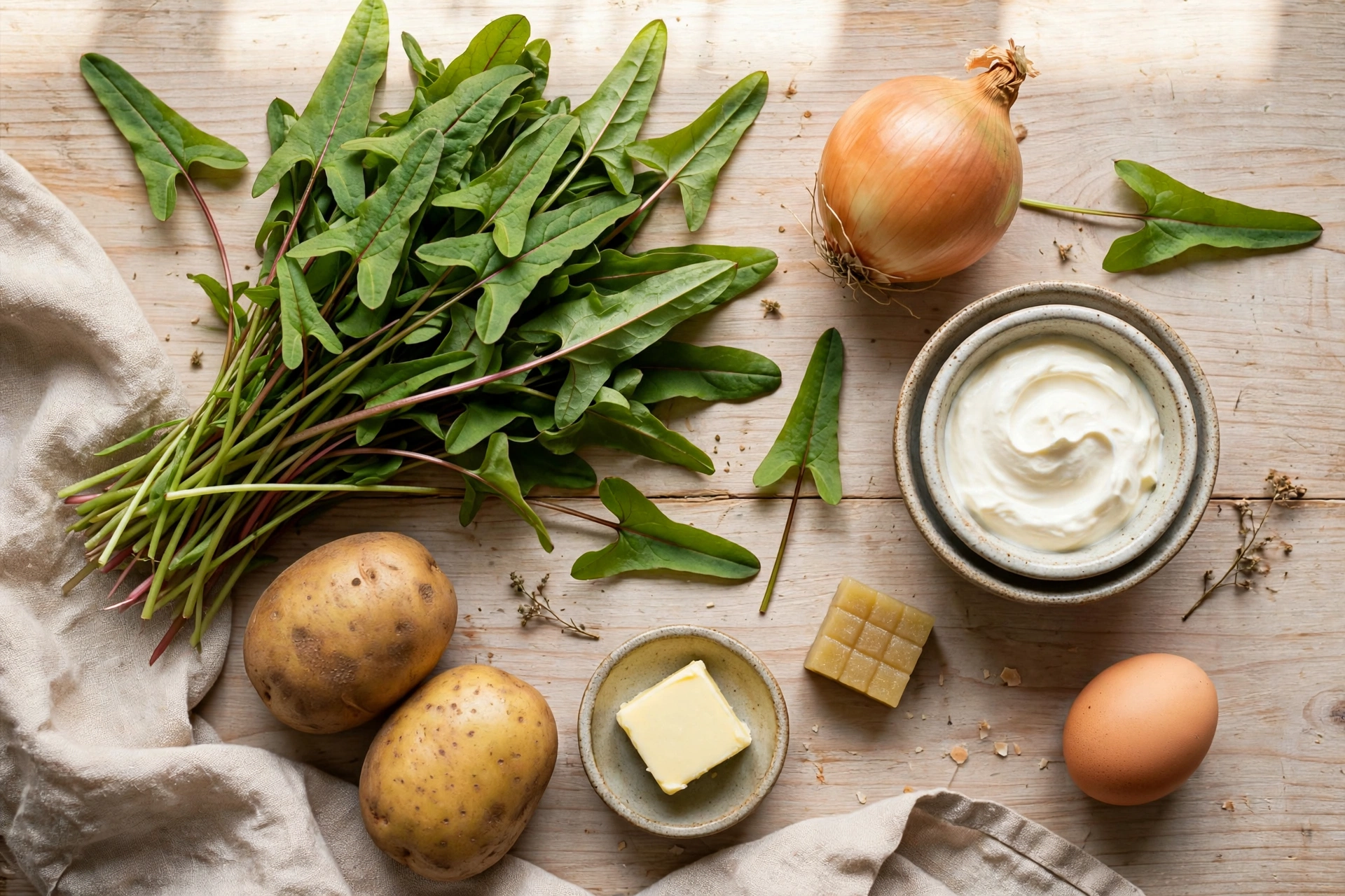 Ingrédients de la soupe à l'oseille recette : oseille fraîche, pommes de terre et crème