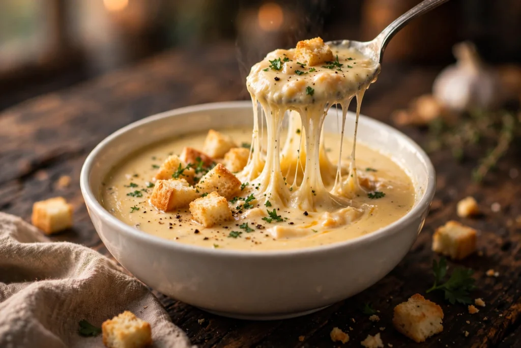 Soupe au fromage crémeuse et filante servie en bol