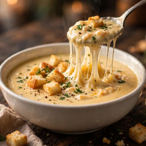 Soupe au fromage crémeuse et filante servie en bol