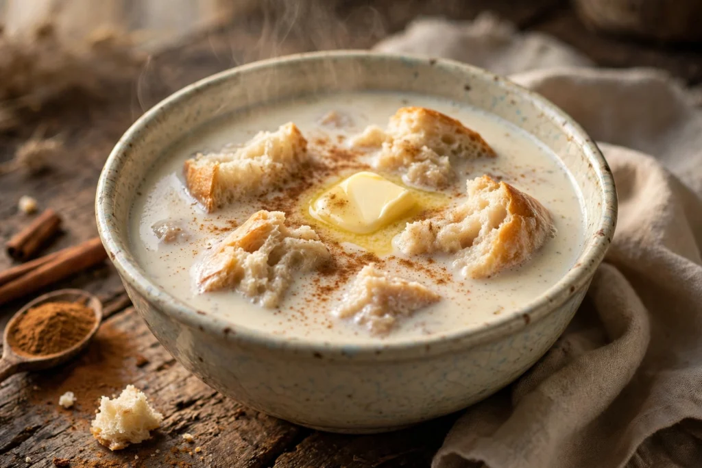 Soupe au lait crémeuse servie en bol avec pain