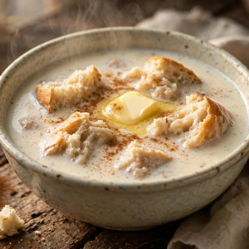 Soupe au lait crémeuse servie en bol avec pain
