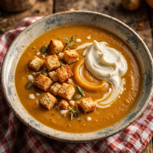 Soupe au potiron de grand-mère servie en bol avec crème