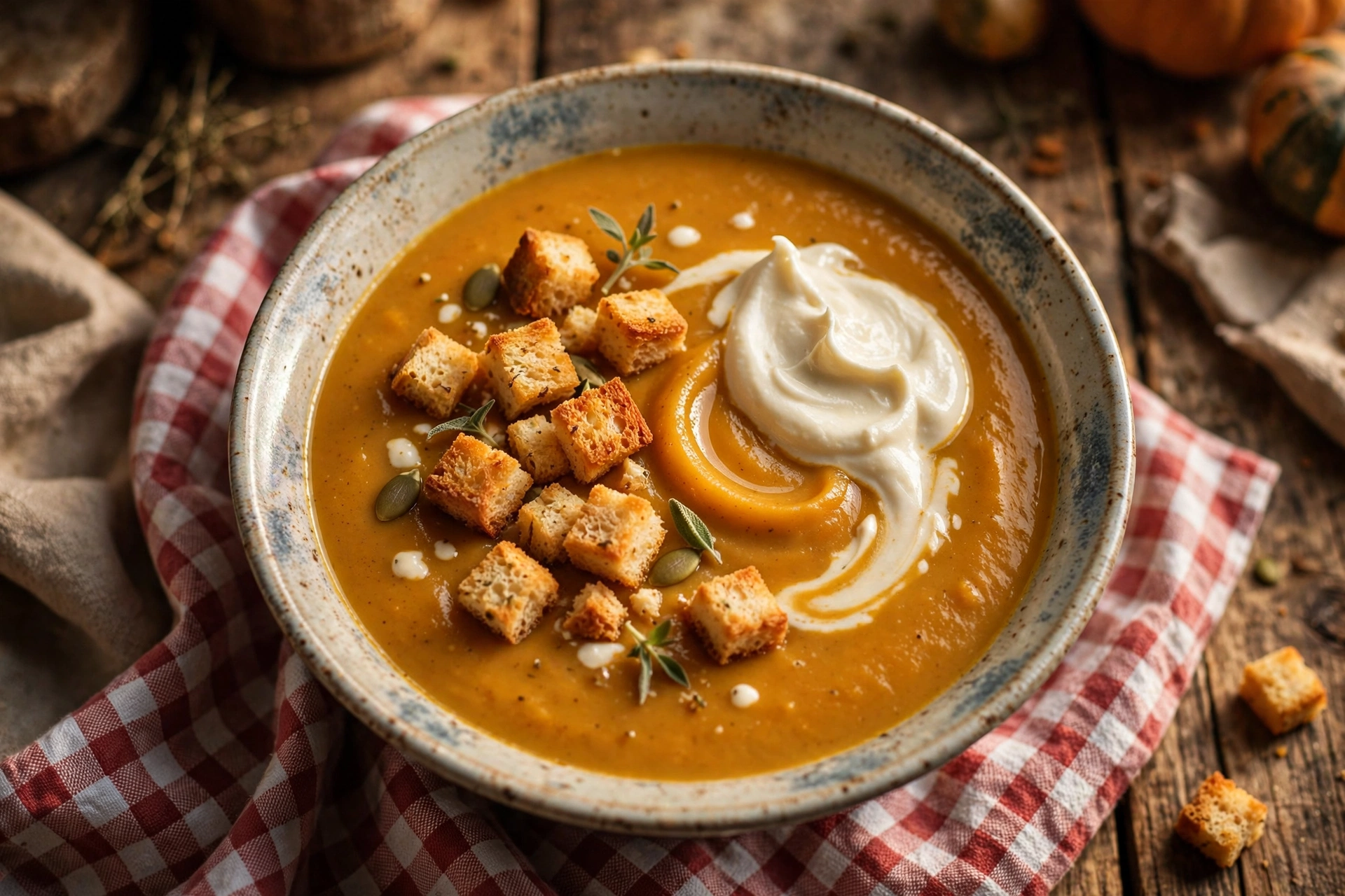 Soupe au potiron de grand-mère servie en bol avec crème