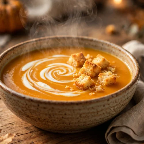 Bol de soupe au potiron recette de grand-mère avec crème fraîche