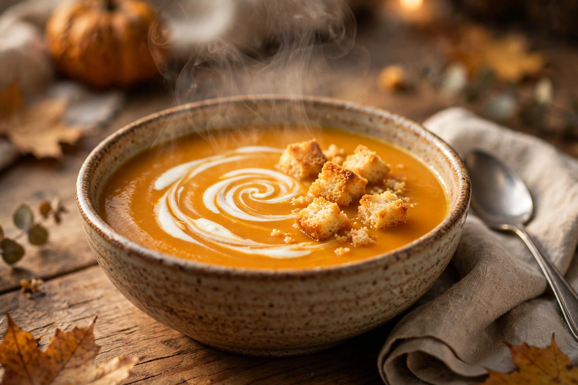 Bol de soupe au potiron recette de grand-mère avec crème fraîche
