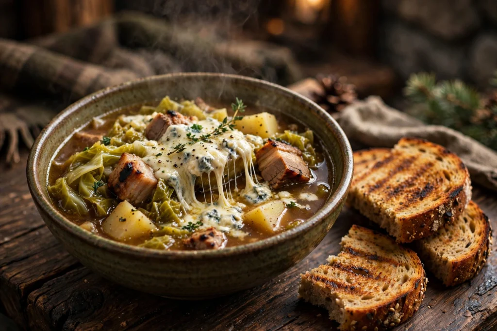 Bol de soupe aux choux auvergnate à la fourme d'Ambert