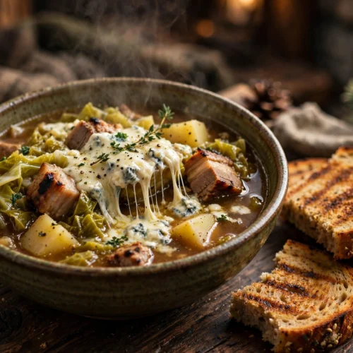 Bol de soupe aux choux auvergnate à la fourme d'Ambert