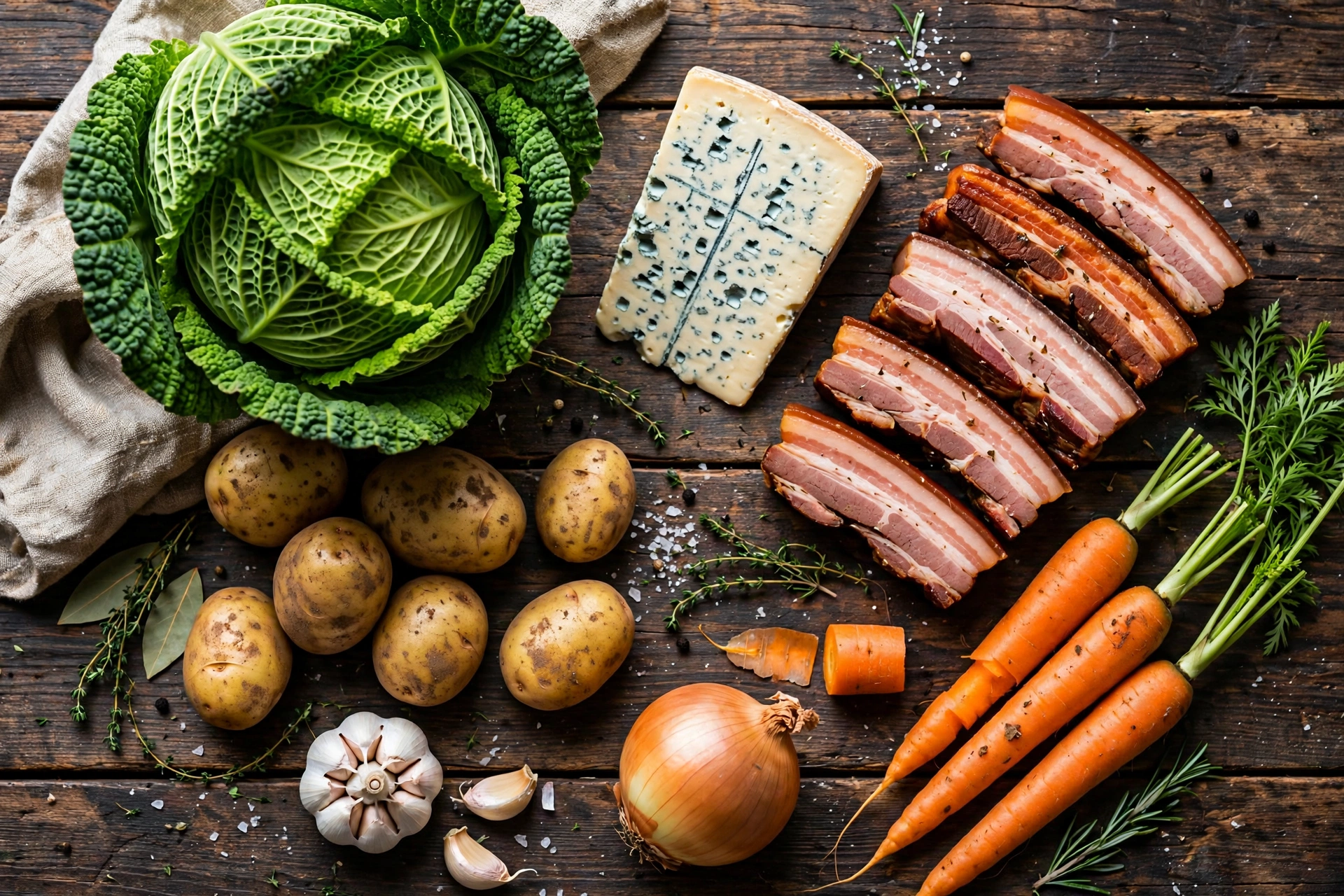 Ingrédients de la soupe aux choux auvergnate traditionnelle