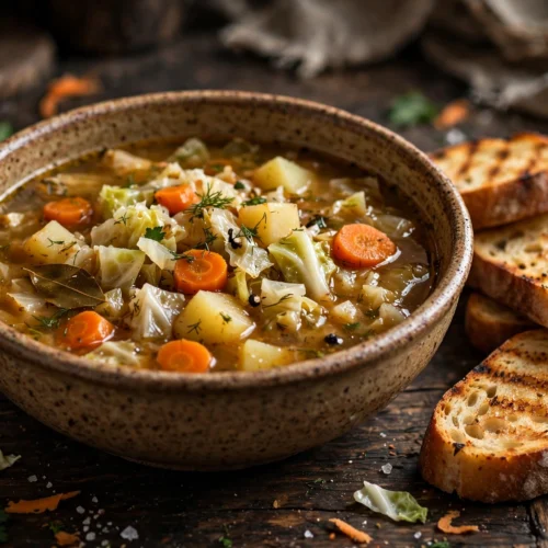 Soupe aux choux blanc paysanne servie en bol rustique