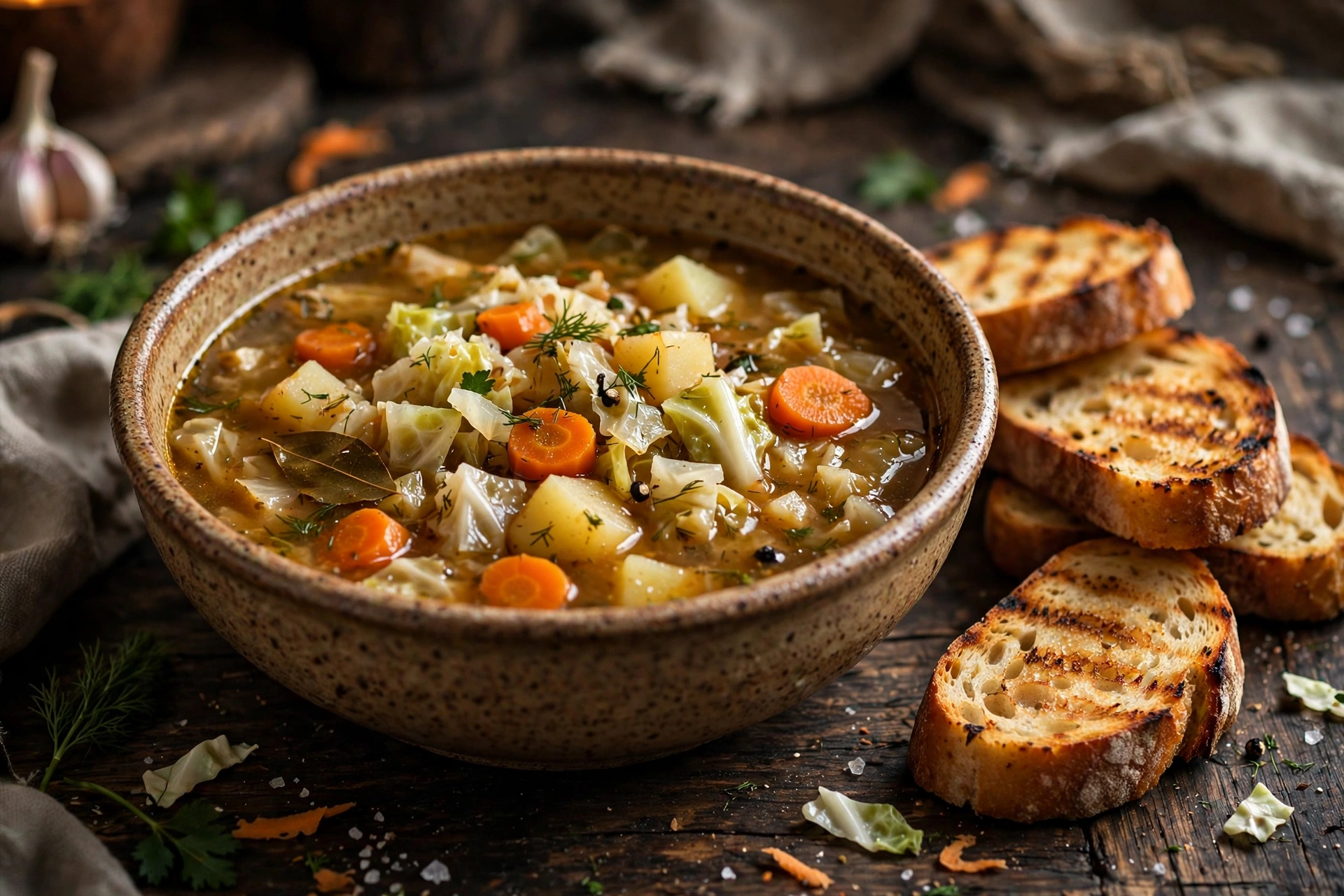 Soupe aux choux blanc paysanne servie en bol rustique
