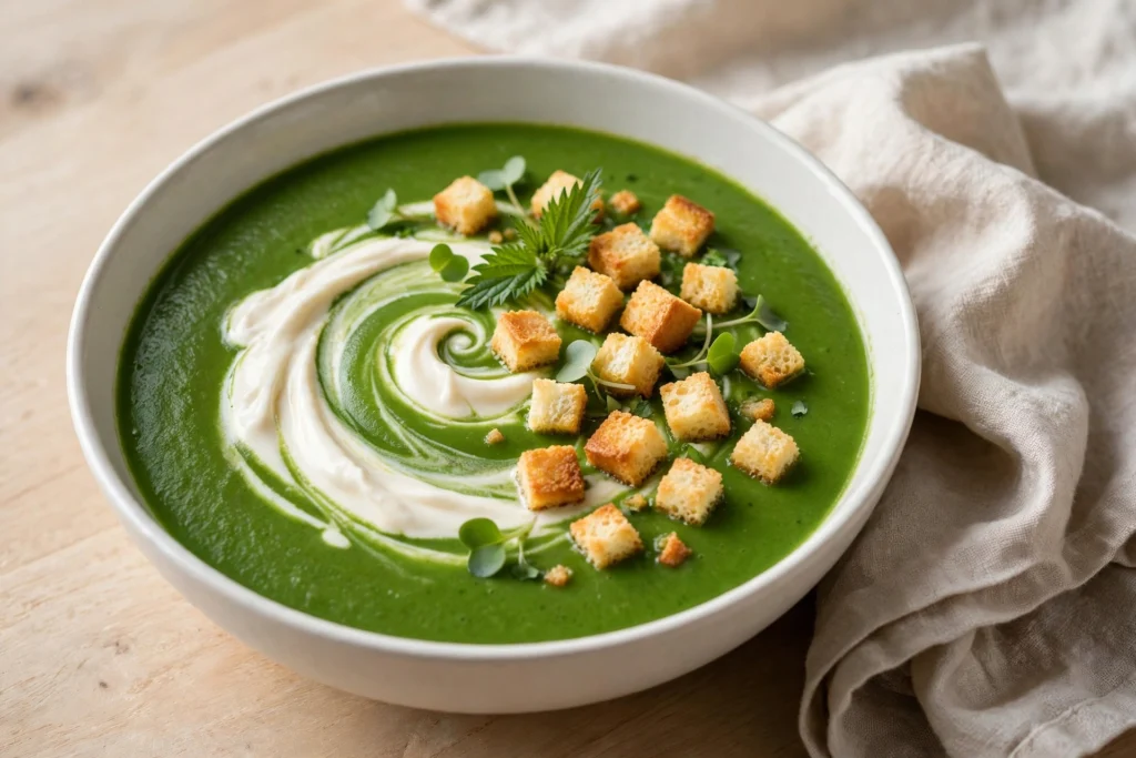 Soupe d'ortie verte crémeuse servie en bol