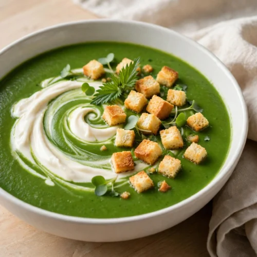 Soupe d'ortie verte crémeuse servie en bol