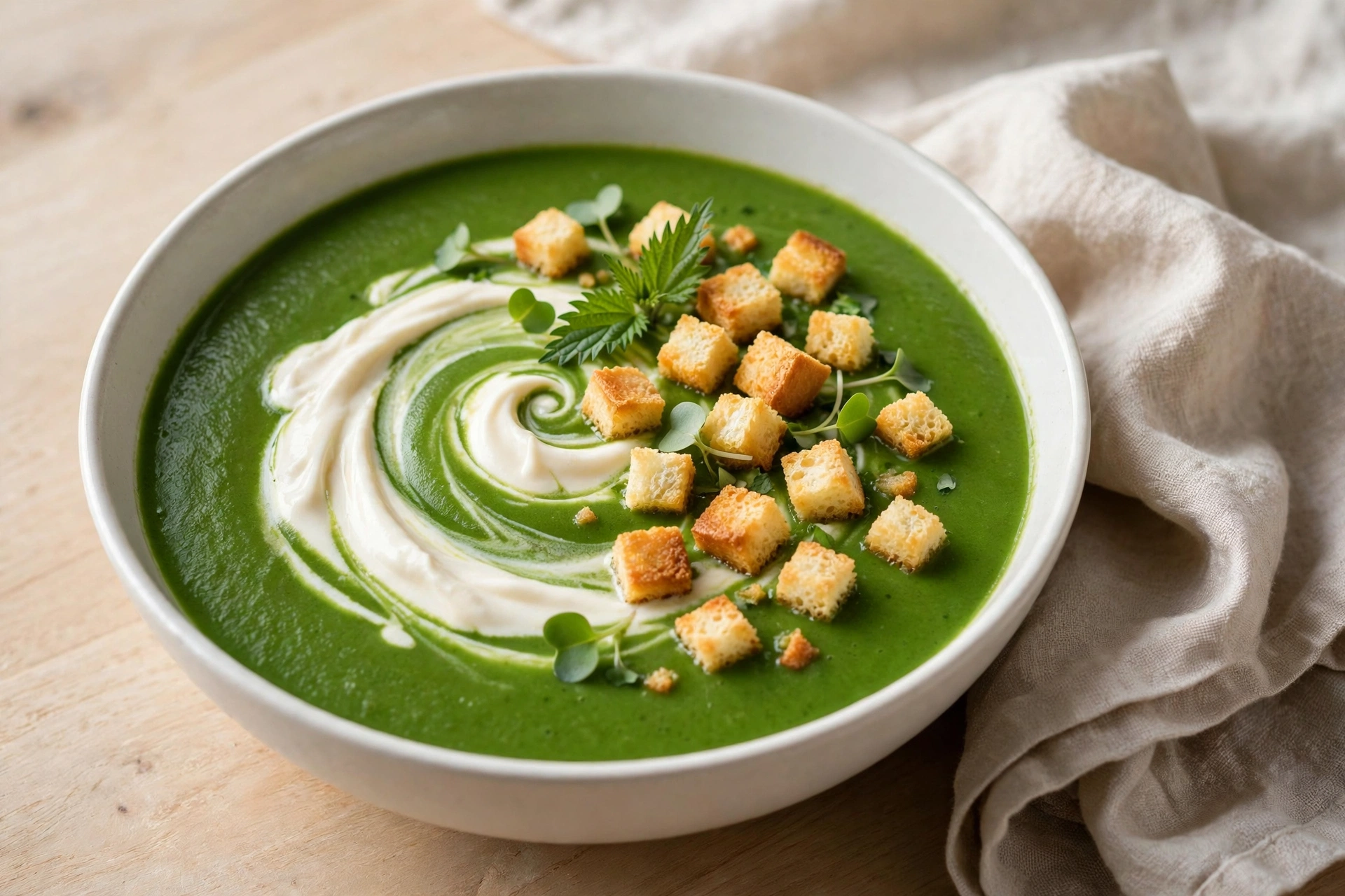 Soupe d'ortie verte crémeuse servie en bol